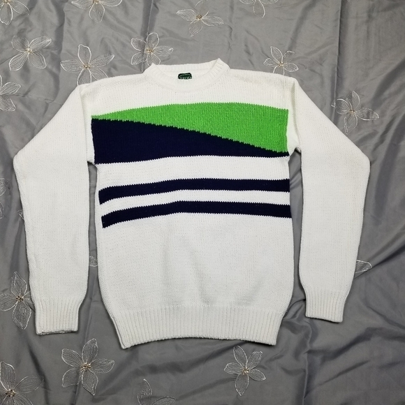 IZOD Sweater Adult Size Small Vintage Cotton Stripes Geometric Blue Lime Green - Picture 2 of 8